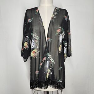 Spirited Away M Cardigan Kimono Sheer Chiffon Black No Face Mask Print Fringe